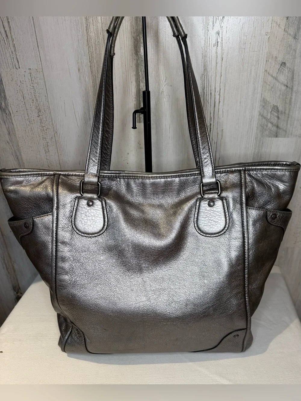 Coach Mickie Metallic Leather Tote Bag 2015 34039 - Gunmetal Hardware